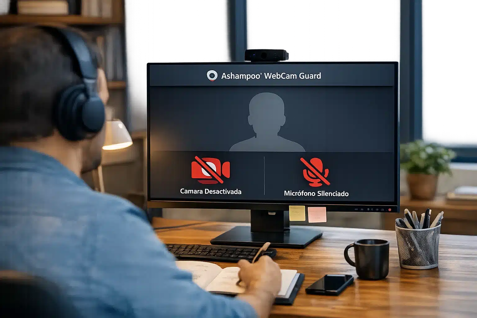 Escena de videollamada con privacidad reforzada usando Ashampoo WebCam Guard