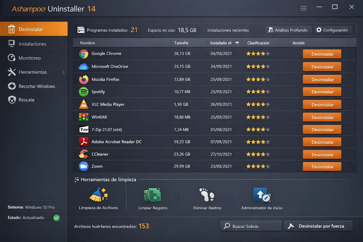 Panel de Ashampoo UnInstaller 14 en Windows con lista de programas y herramientas