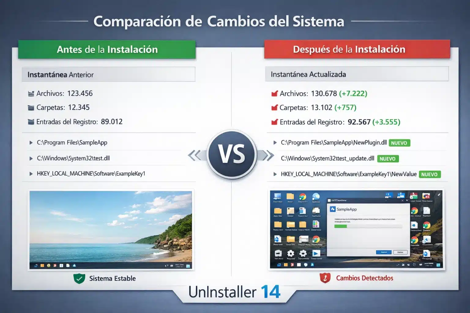 Ejemplo de comparación de cambios del sistema con snapshots en UnInstaller 14