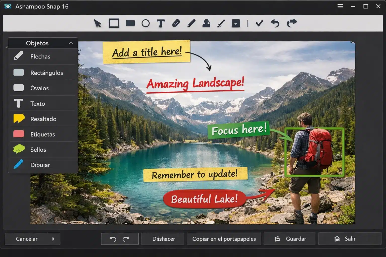 Interfaz de Ashampoo Snap 16 con herramientas de anotación y edición