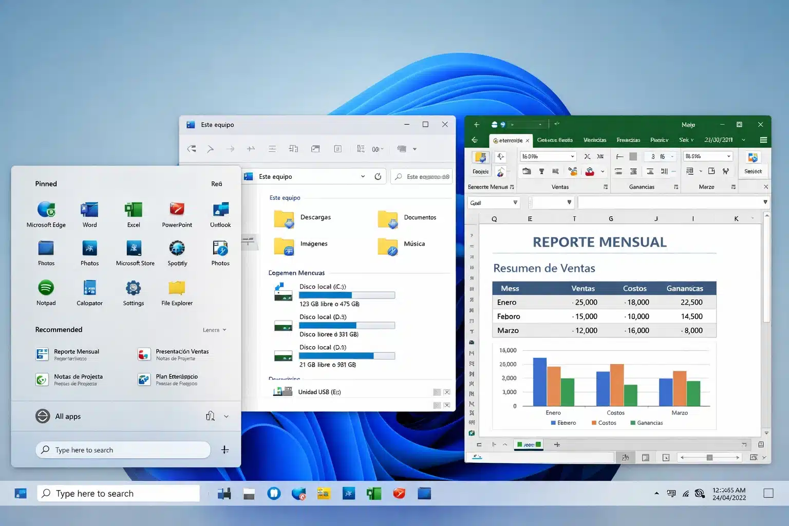 Gráfico de Windows 11 con texto promocional y una laptop mostrando el escritorio