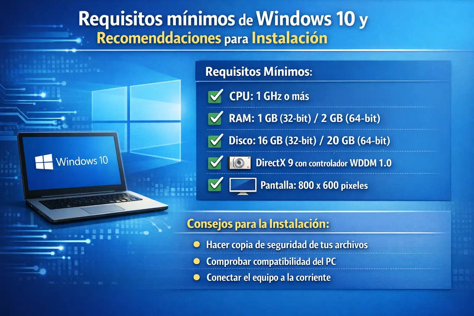 Requisitos mínimos de Windows 10 y recomendaciones para instalación