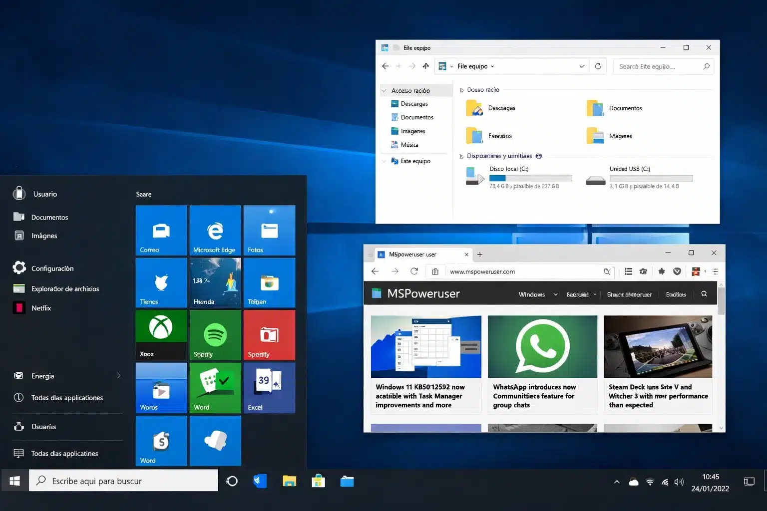 Escritorio de Windows 10 Home con menú Inicio y aplicaciones