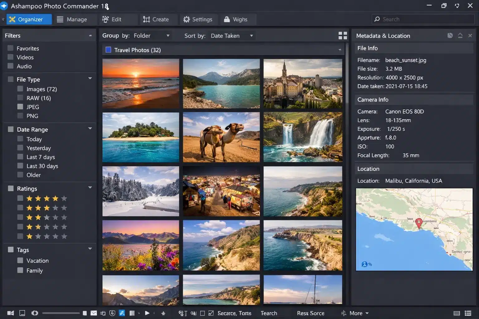 Vista de organizador en Photo Commander 18 con filtros, metadatos y miniaturas