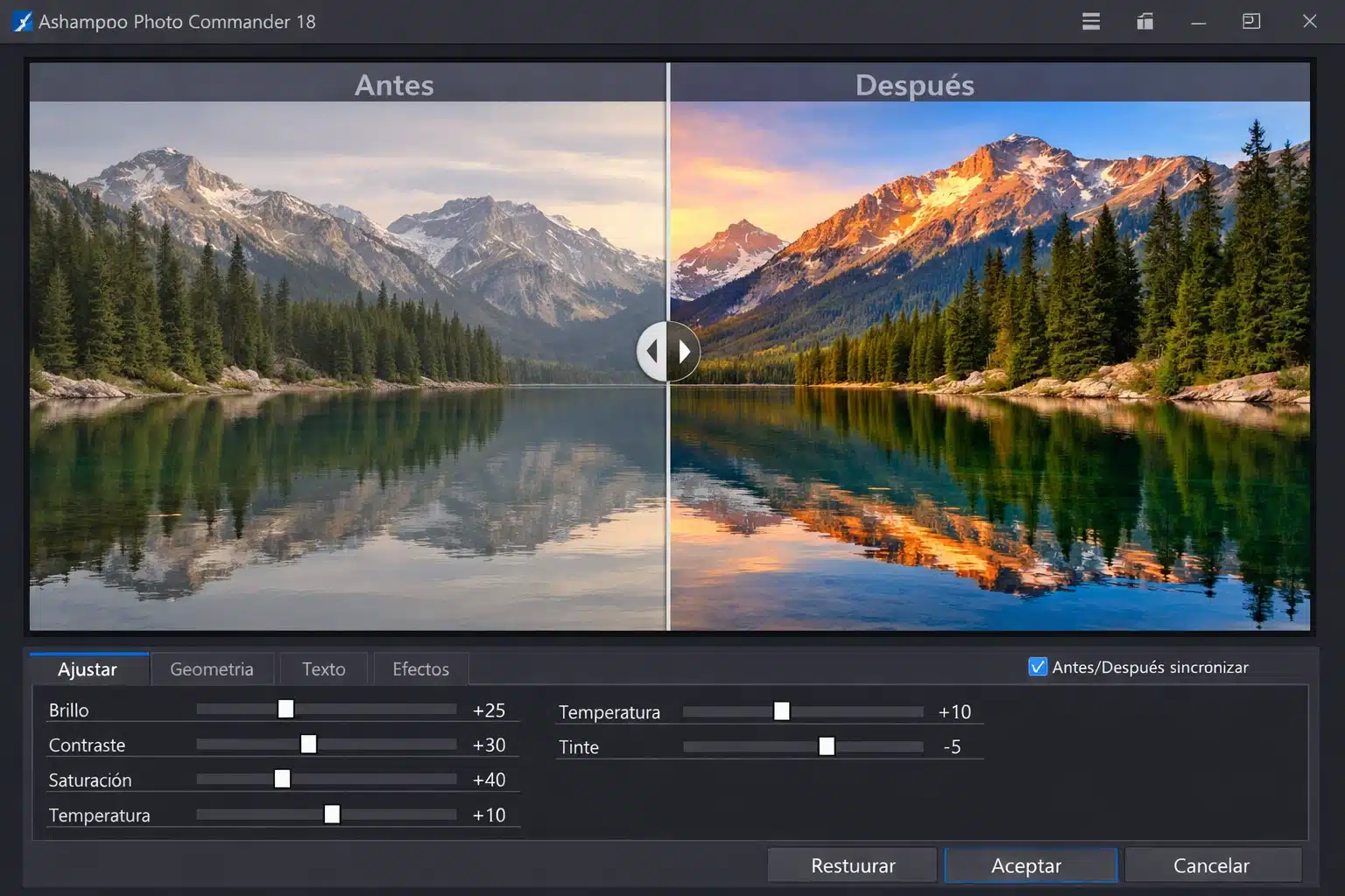 Edición en Photo Commander 18 con comparación antes y después y ajustes de color