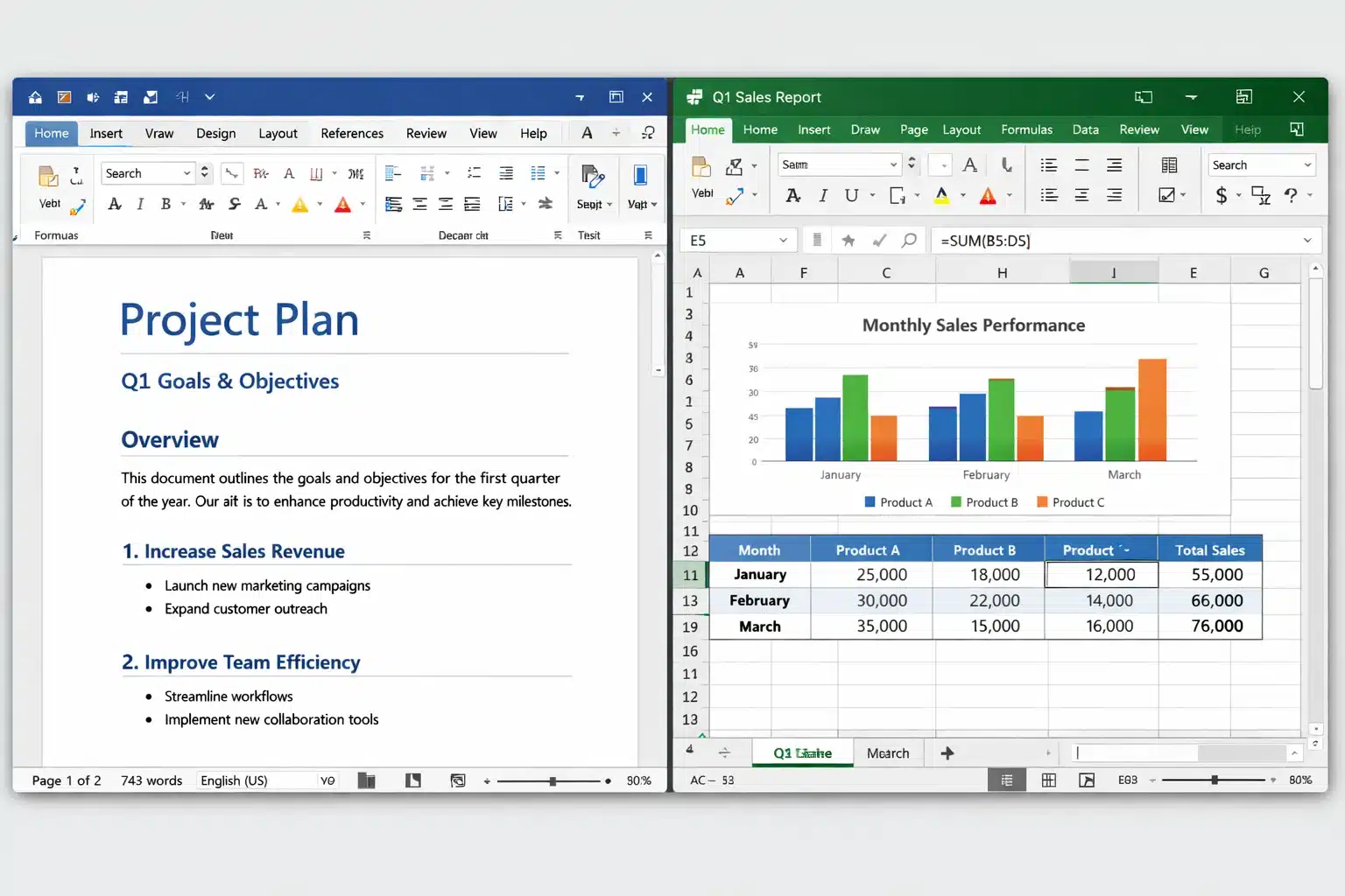 Interfaz de Word y Excel en Office 2024 Professional Plus