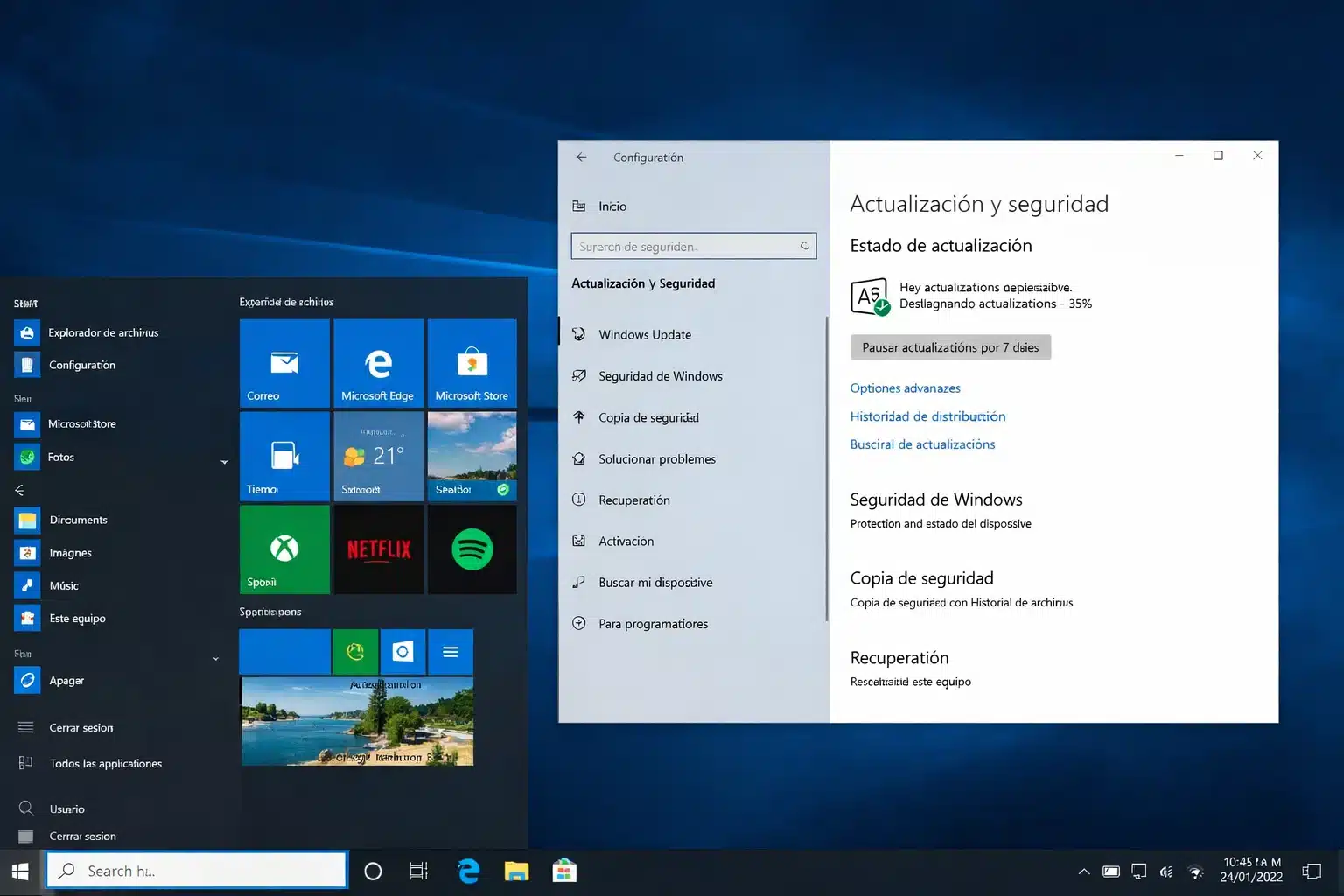 Escritorio de Windows 10 Pro en una PC mostrando el menú Inicio y configuración
