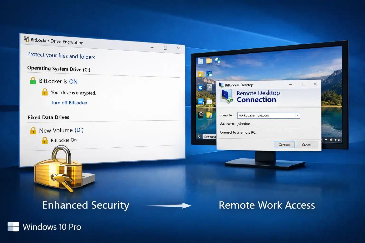 Escena de uso de BitLocker y Escritorio remoto en Windows 10 Pro