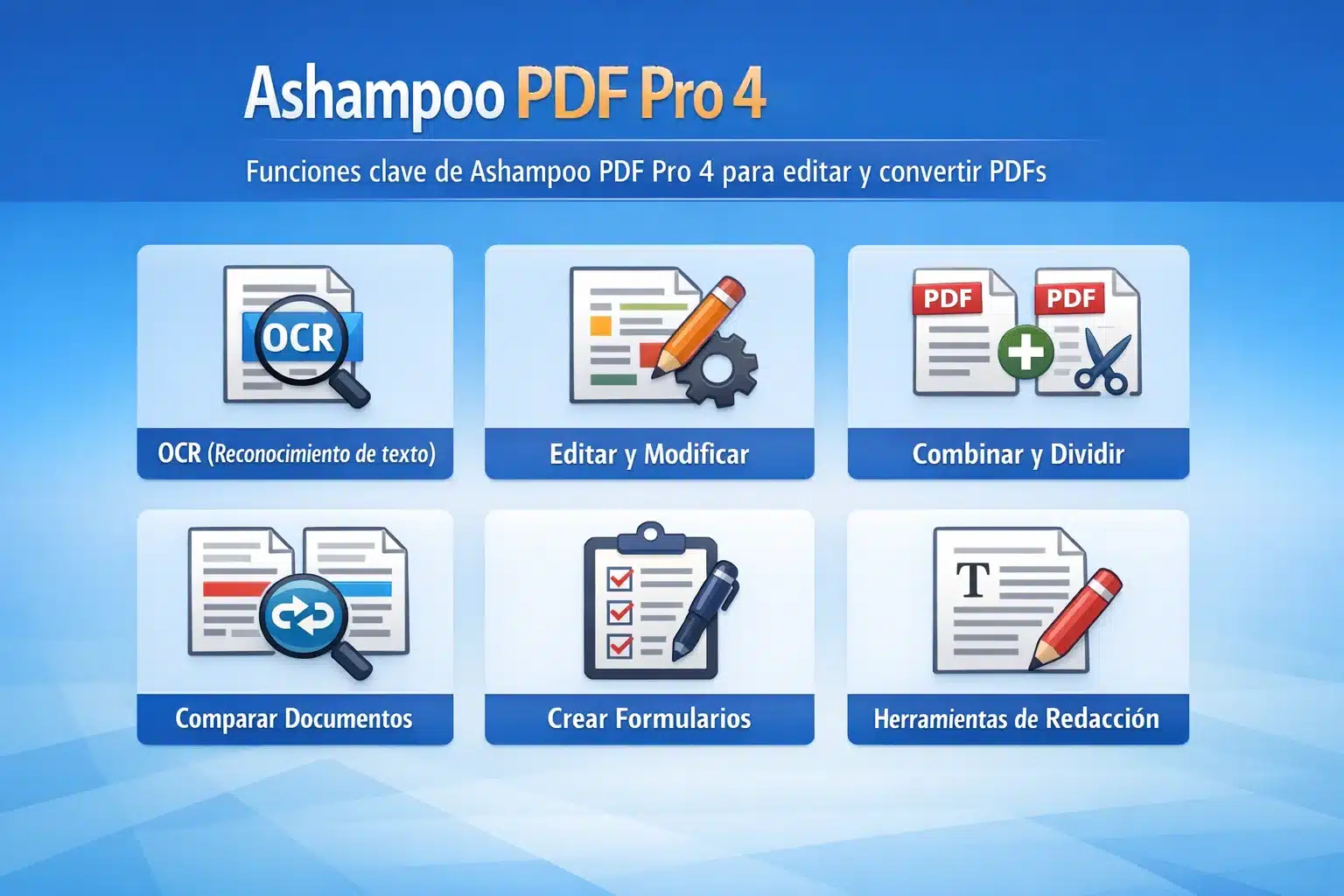 Infografía con funciones clave de Ashampoo PDF Pro 4 para editar y convertir PDFs