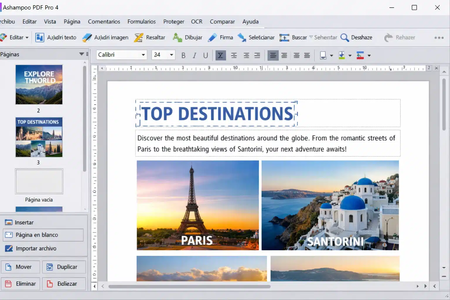 Captura de edición de texto y herramientas de páginas en Ashampoo PDF Pro 4