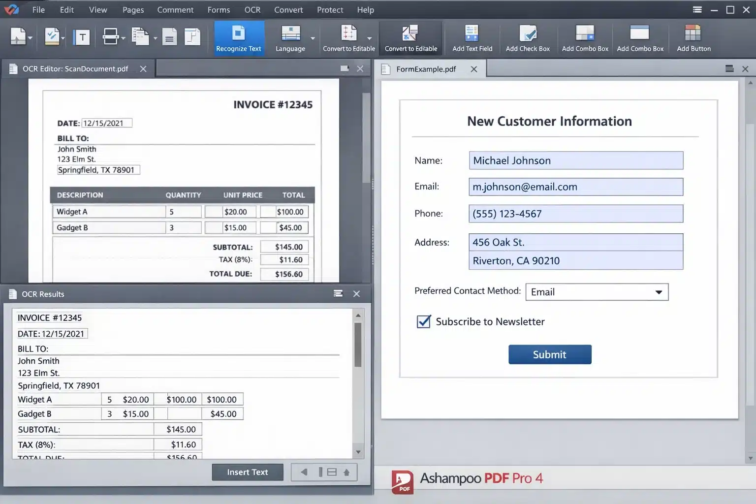 Escena de OCR y creación de formularios en Ashampoo PDF Pro 4