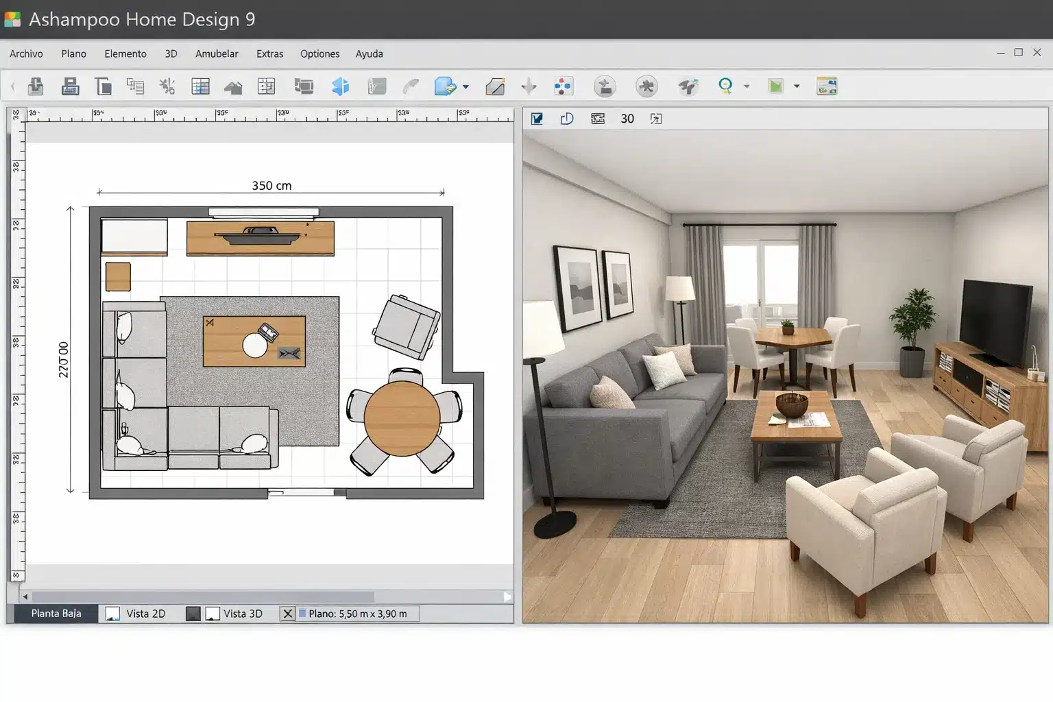 Vista 2D y vista 3D de un proyecto en Ashampoo Home Design 9