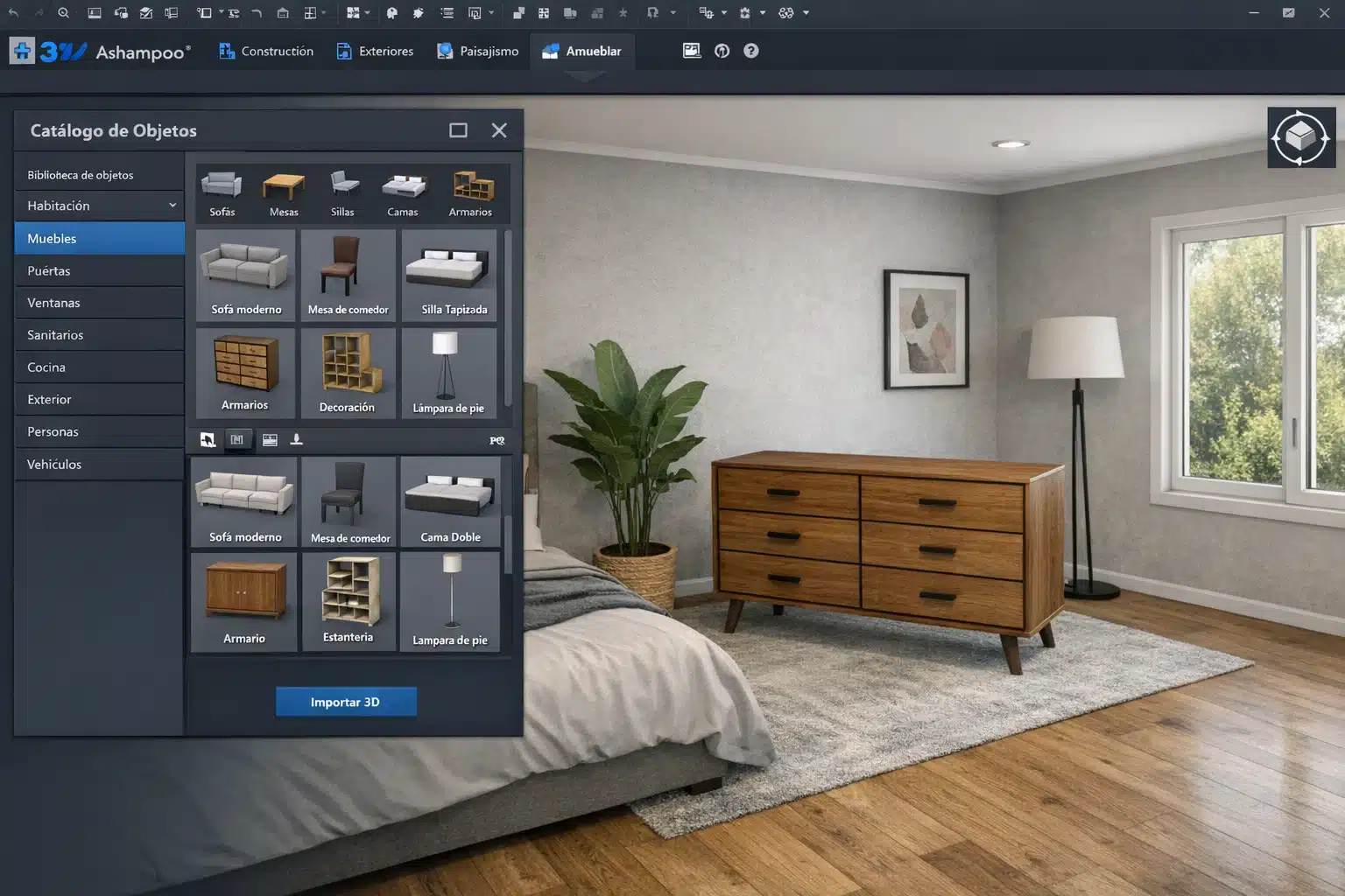 Catálogo e importación de objetos 3D en Ashampoo Home Design 9 para amoblar ambientes