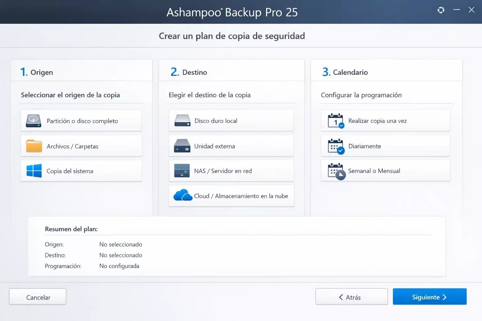Pantalla de creación de plan de copia de seguridad en Ashampoo Backup Pro 25