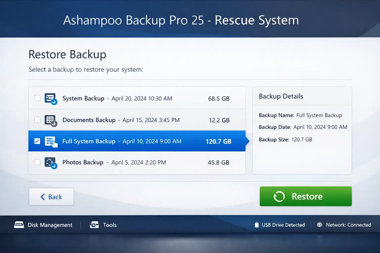 Escena de restauración con sistema de rescate de Ashampoo Backup Pro 25
