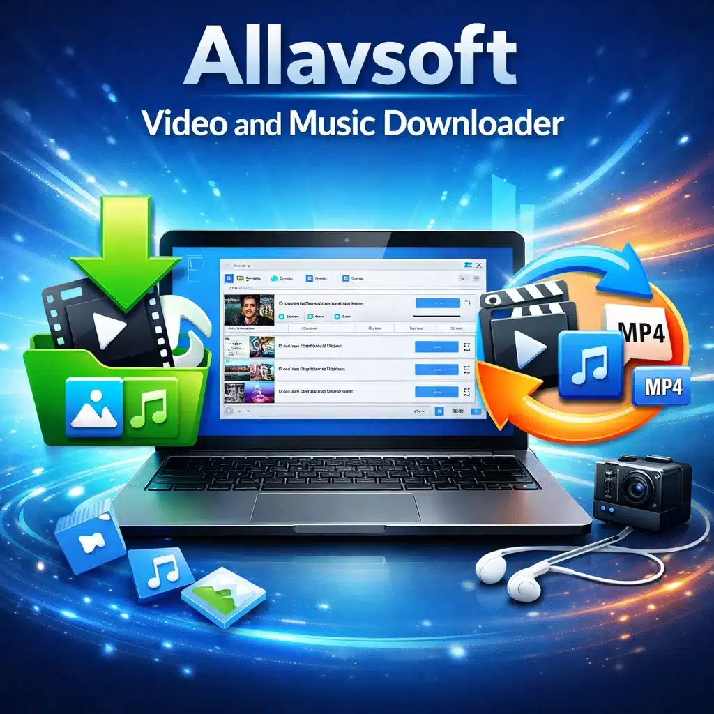 Allavsoft Video and Music Downloader en portada promocional con íconos de descarga y conversión