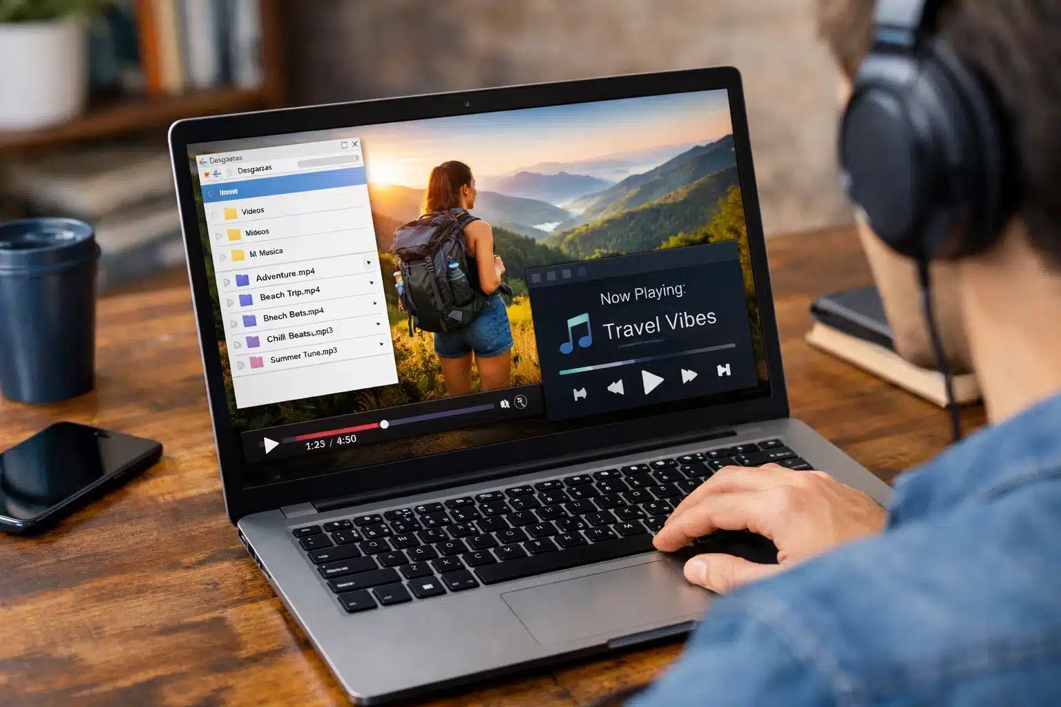 Escena de uso: reproducción offline de video y música descargados en una notebook