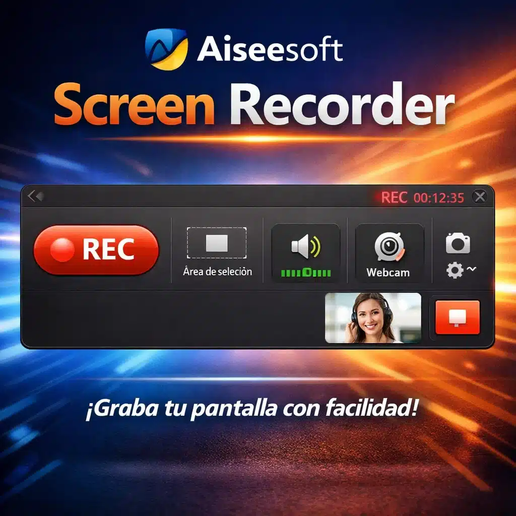 Aiseesoft Screen Recorder en portada promocional con interfaz de grabación en pantalla