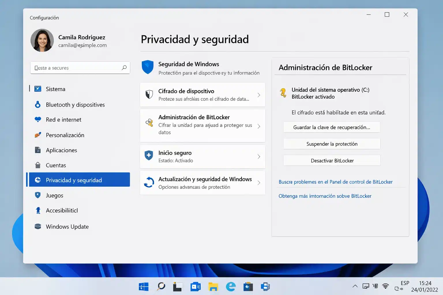 Captura de Windows 11 Pro con BitLocker y configuración de seguridad