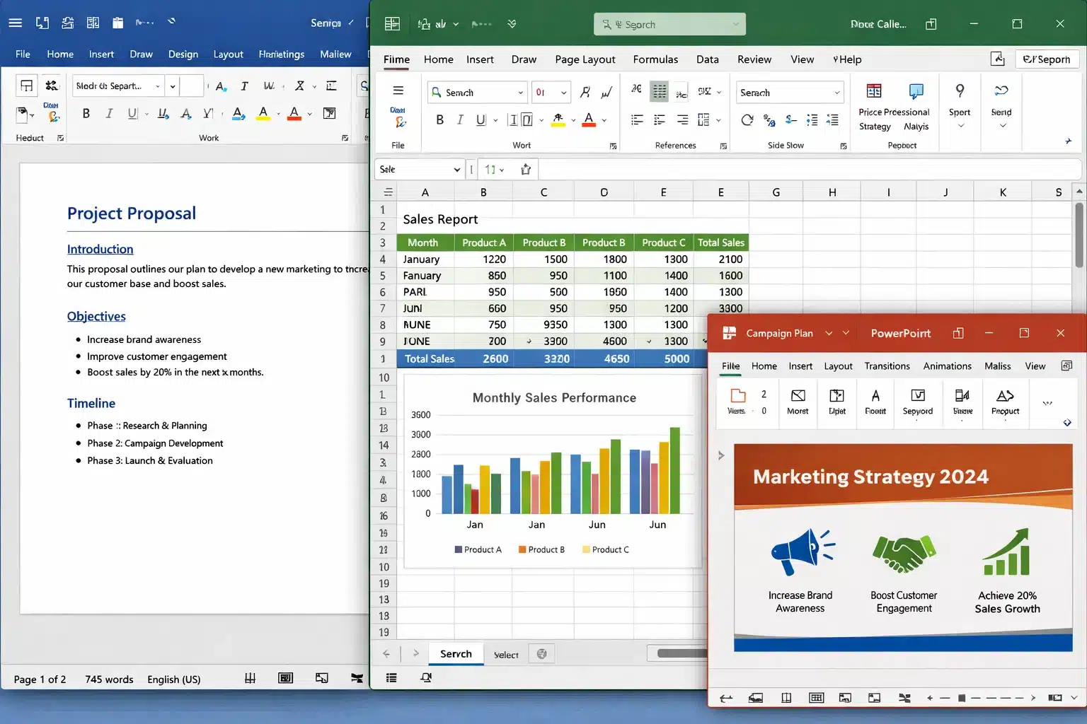 Captura de Office Professional Plus 2024 con Word, Excel y PowerPoint en uso