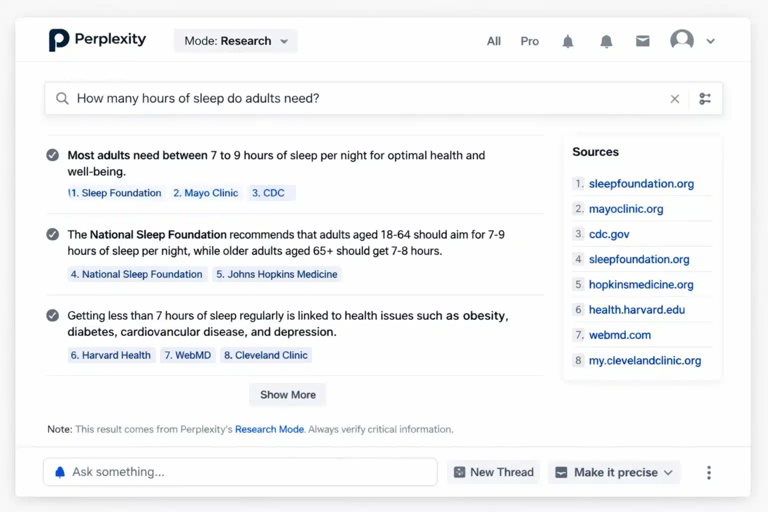 Pantalla de Perplexity en navegador mostrando una búsqueda con fuentes y modo investigación