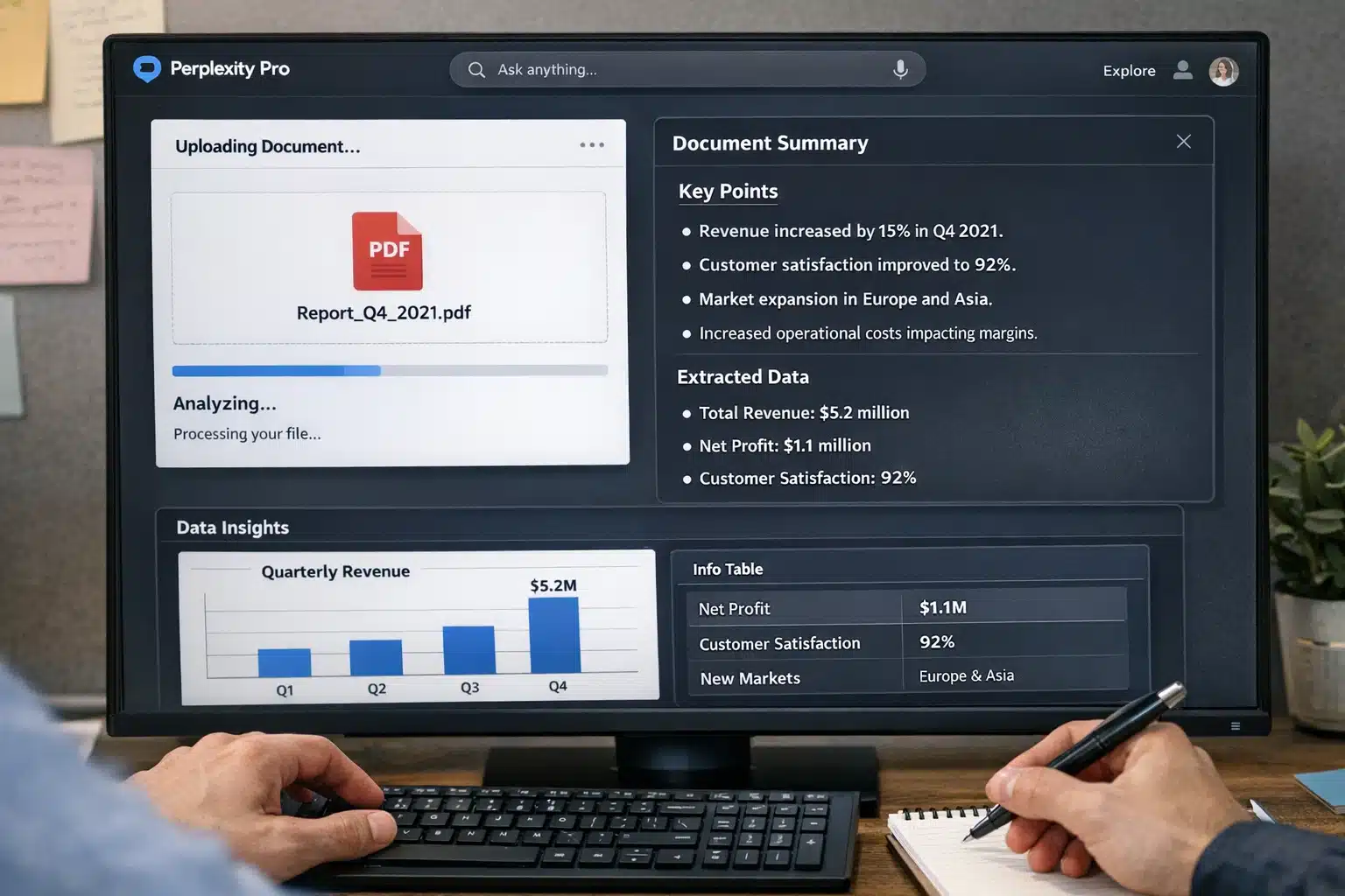 Escena de uso con análisis de archivos en Perplexity Pro y resumen de documento