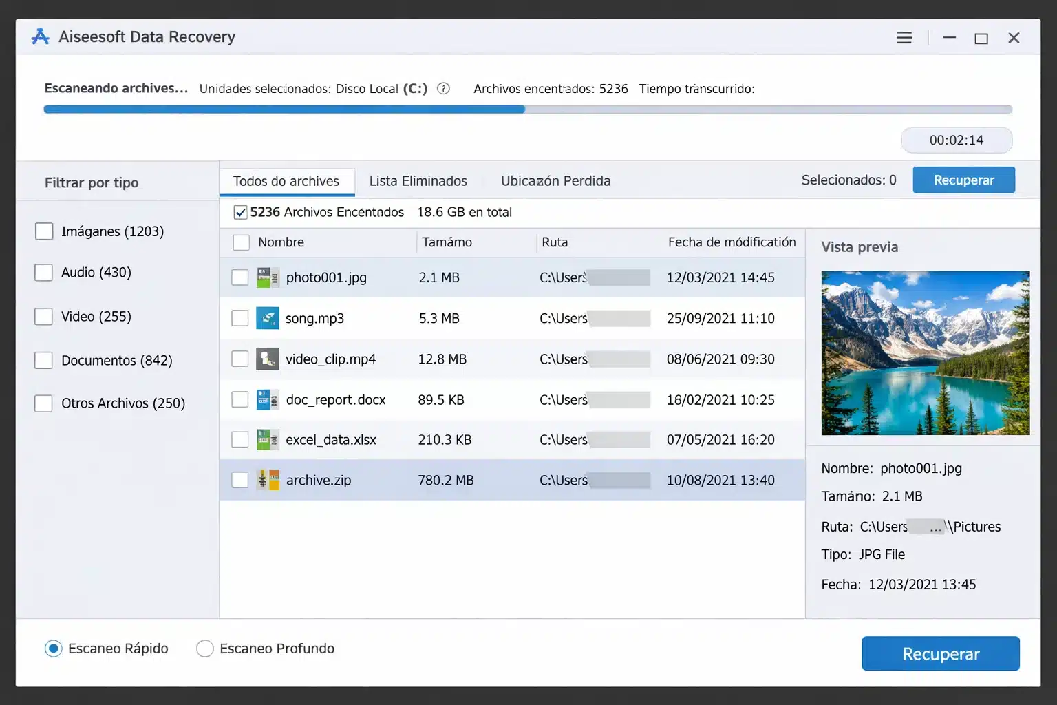 Pantalla de escaneo de Aiseesoft Data Recovery con filtros y vista previa