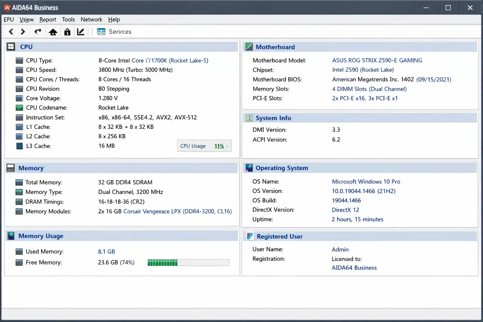 Pantalla de AIDA64 Business mostrando información detallada del sistema