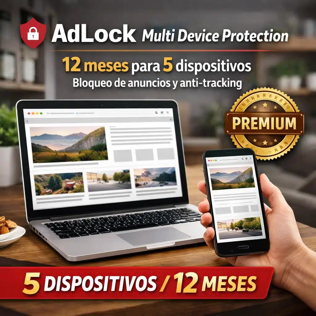 AdLock Multi Device Protection 12 meses para 5 dispositivos, bloqueo de anuncios y anti-tracking