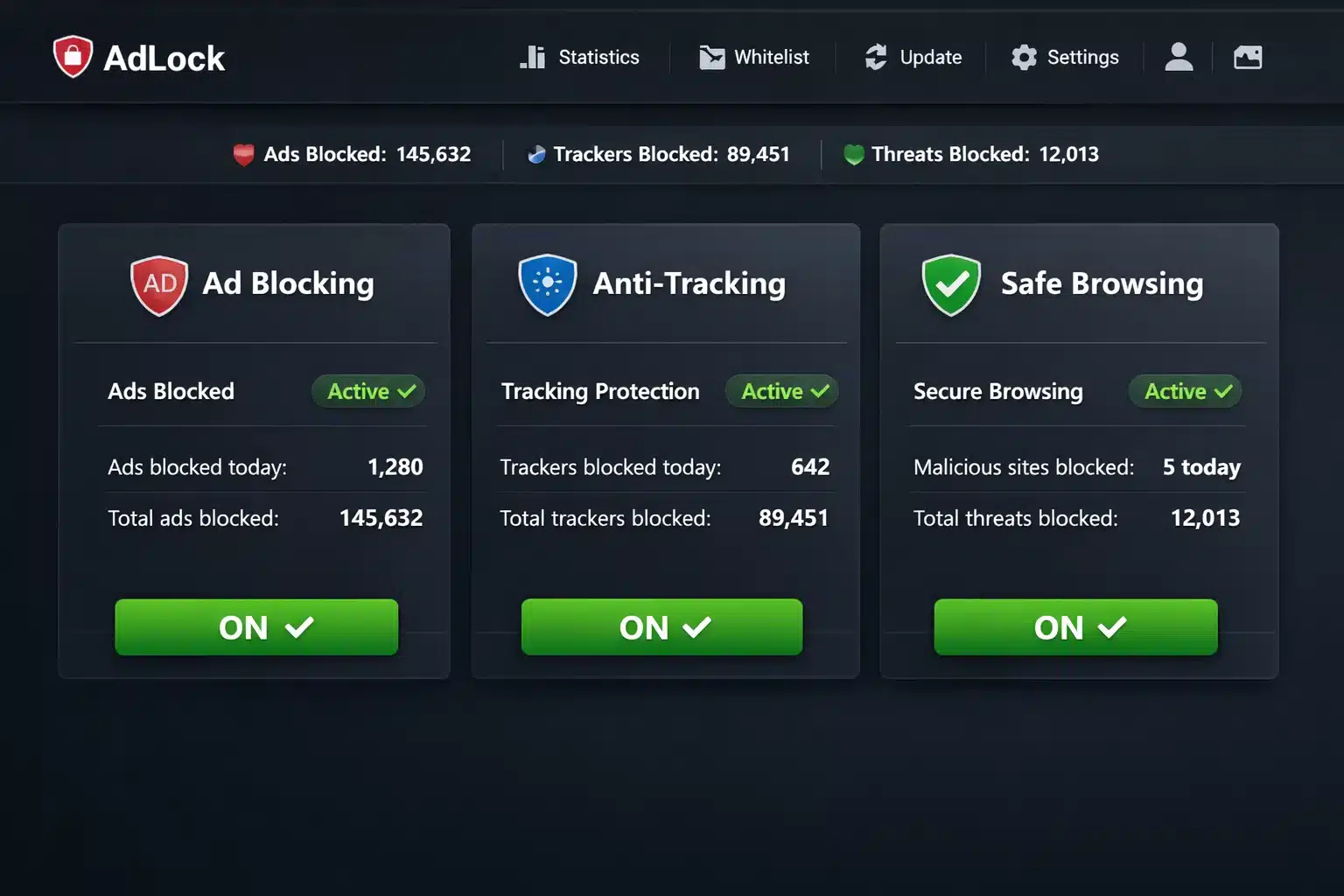Panel de AdLock mostrando bloqueo de anuncios, anti-tracking y navegación segura