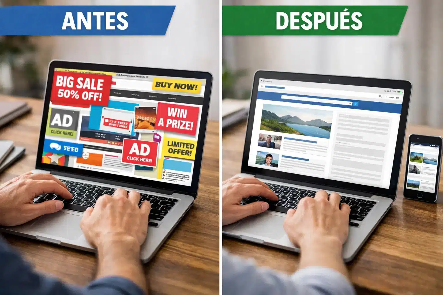 Escena de uso en PC y móvil con navegación sin anuncios y ahorro de datos