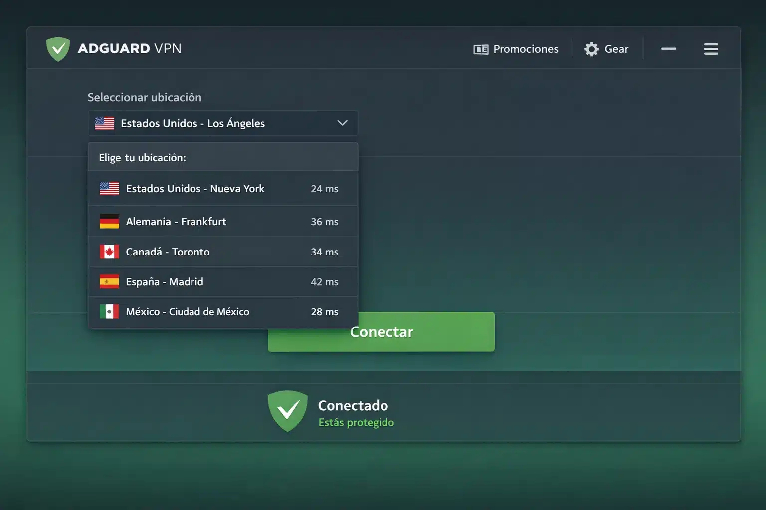 Pantalla de AdGuard VPN mostrando selección de ubicación y estado de conexión