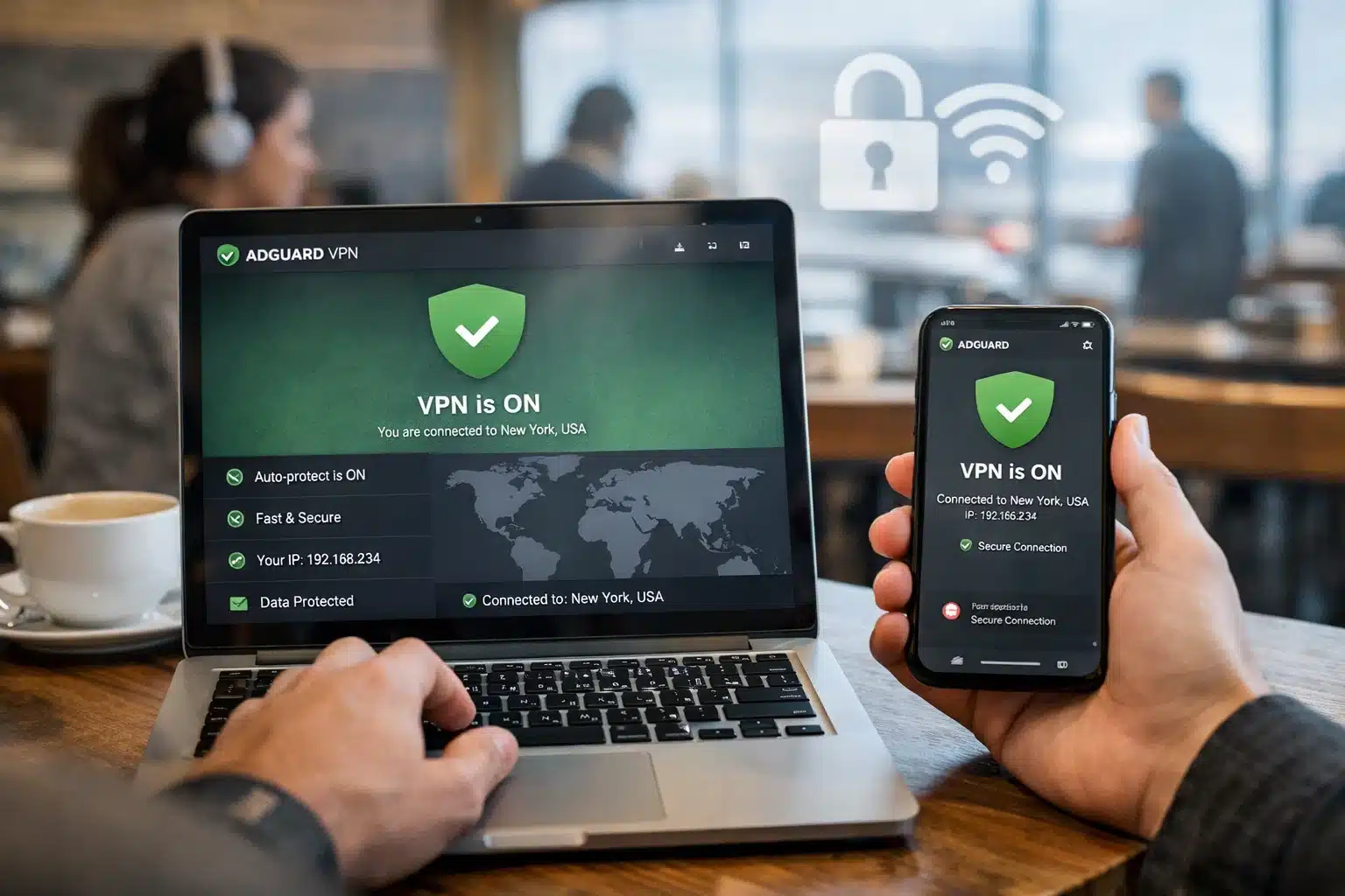 Uso de AdGuard VPN en notebook y smartphone con navegación segura en Wi-Fi público