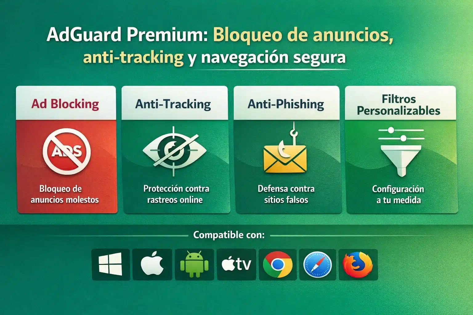 Infografía AdGuard Premium: bloqueo de anuncios, anti-tracking y navegación segura