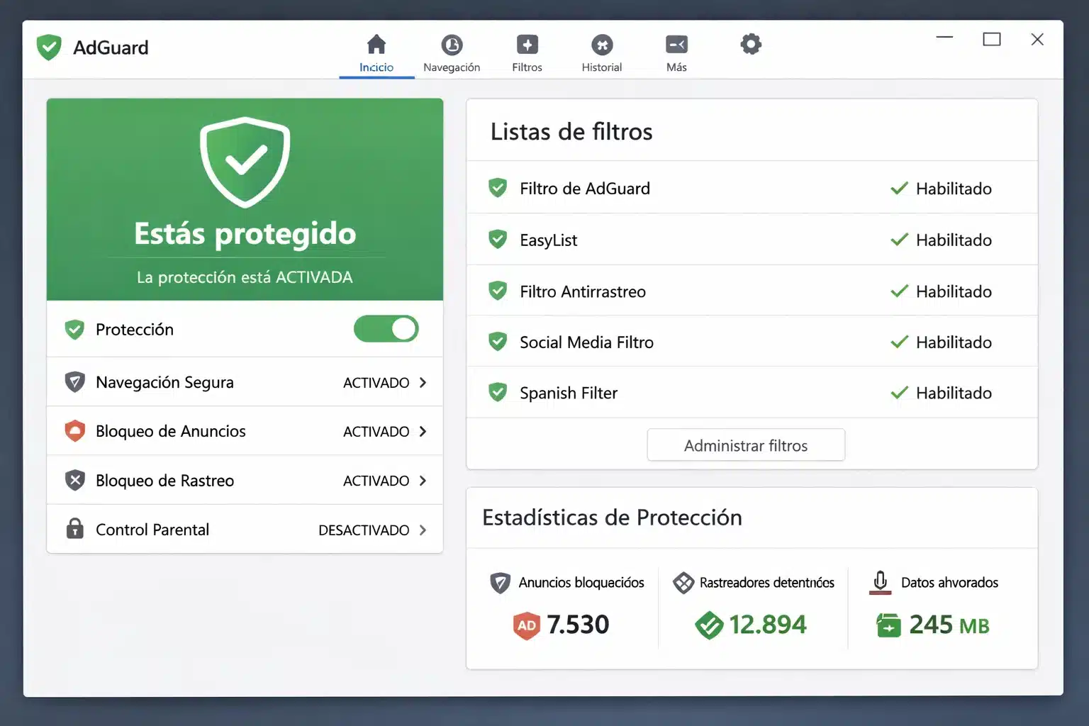 Panel de AdGuard en Windows o macOS mostrando filtros y estado de protección