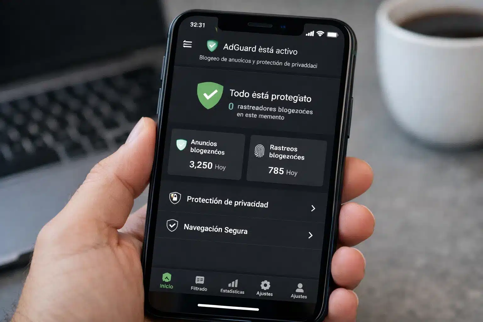 Escena de uso de AdGuard en móvil con bloqueo de anuncios y protección de privacidad