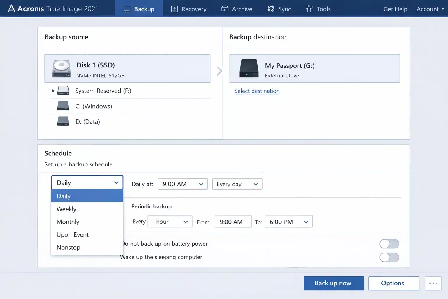 Pantalla de Acronis True Image 2021 mostrando backup de disco y programación