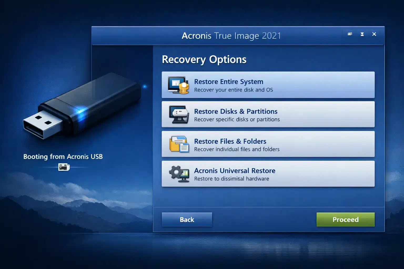 Escena de recuperación con medio de arranque USB en Acronis True Image 2021
