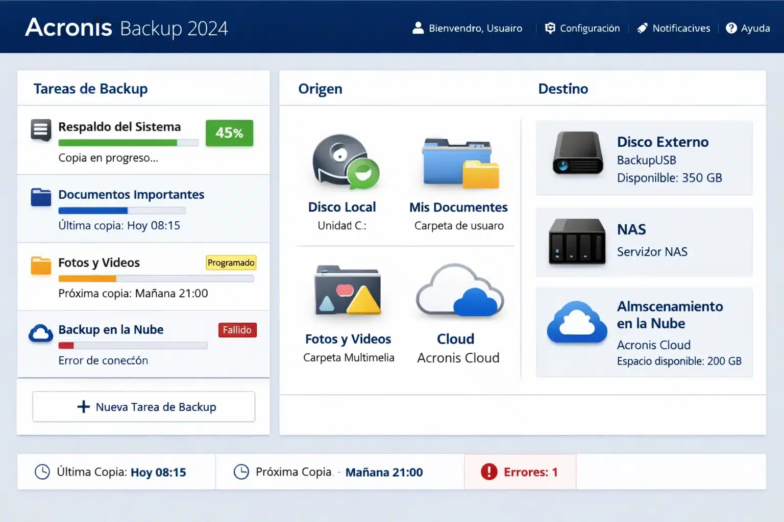 Panel de Acronis 2024 mostrando estado de backup, origen y destino de copias