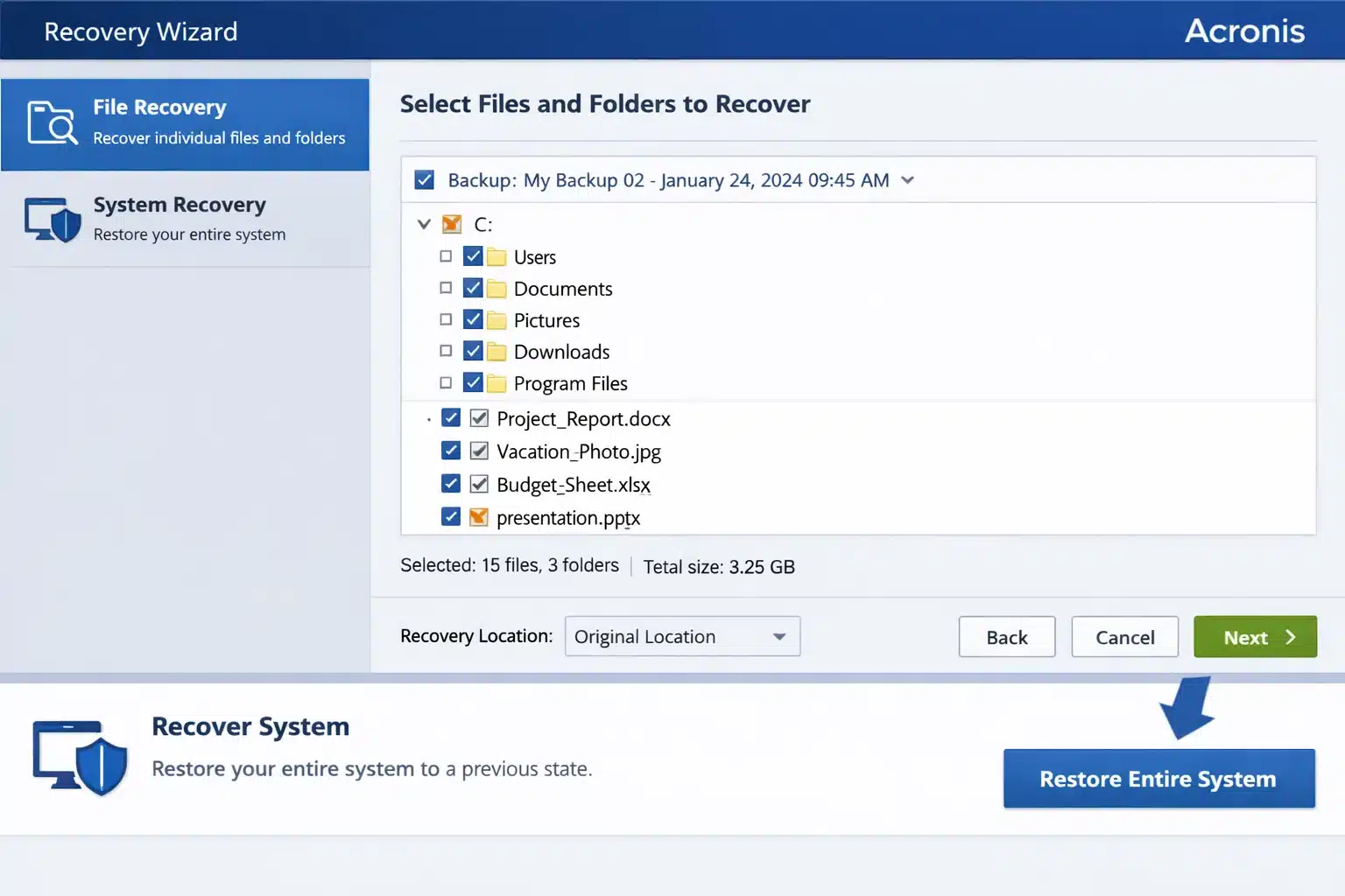 Escena de restauración: recuperación de archivos y sistema en Acronis 2024