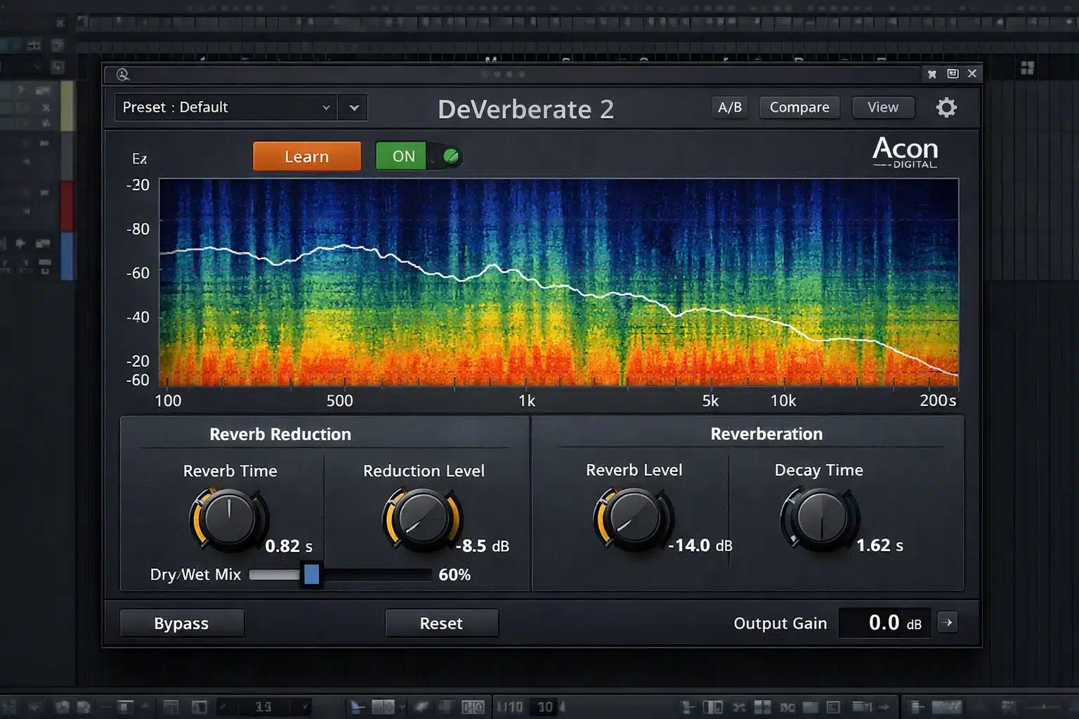 Interfaz de DeVerberate 2 en un DAW con espectro y controles de reverb