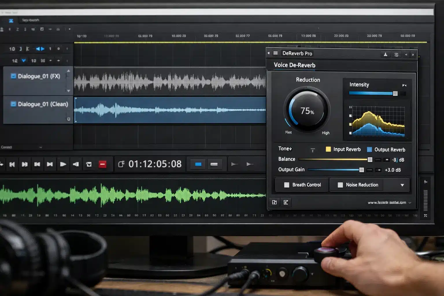 Escena de uso: mejora de voz o diálogo con menos reverberación en postproducción
