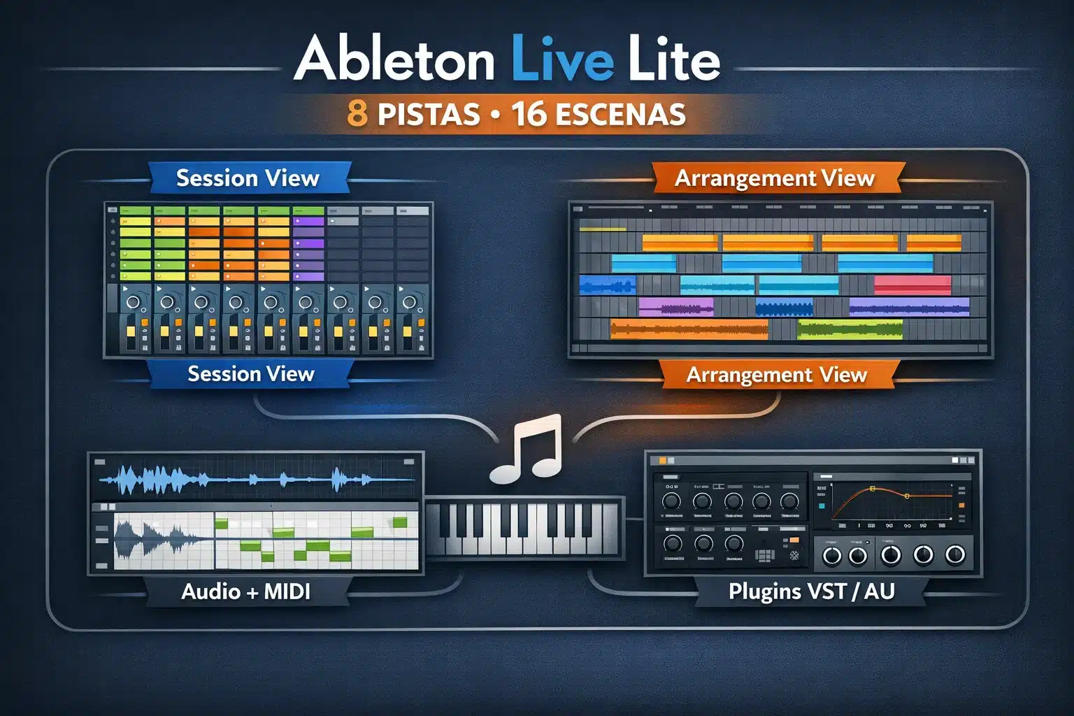 Infografía Ableton Live Lite: 8 pistas, 16 escenas, Session y Arrangement View