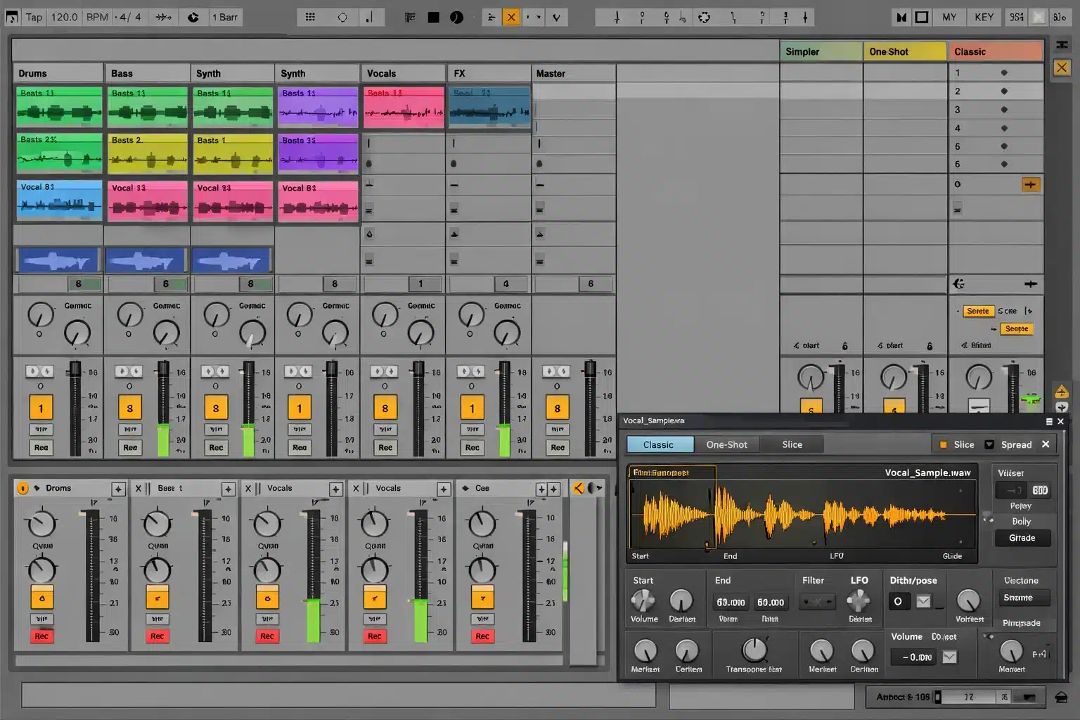 Captura de Ableton Live Lite con Session View y clips de audio y MIDI