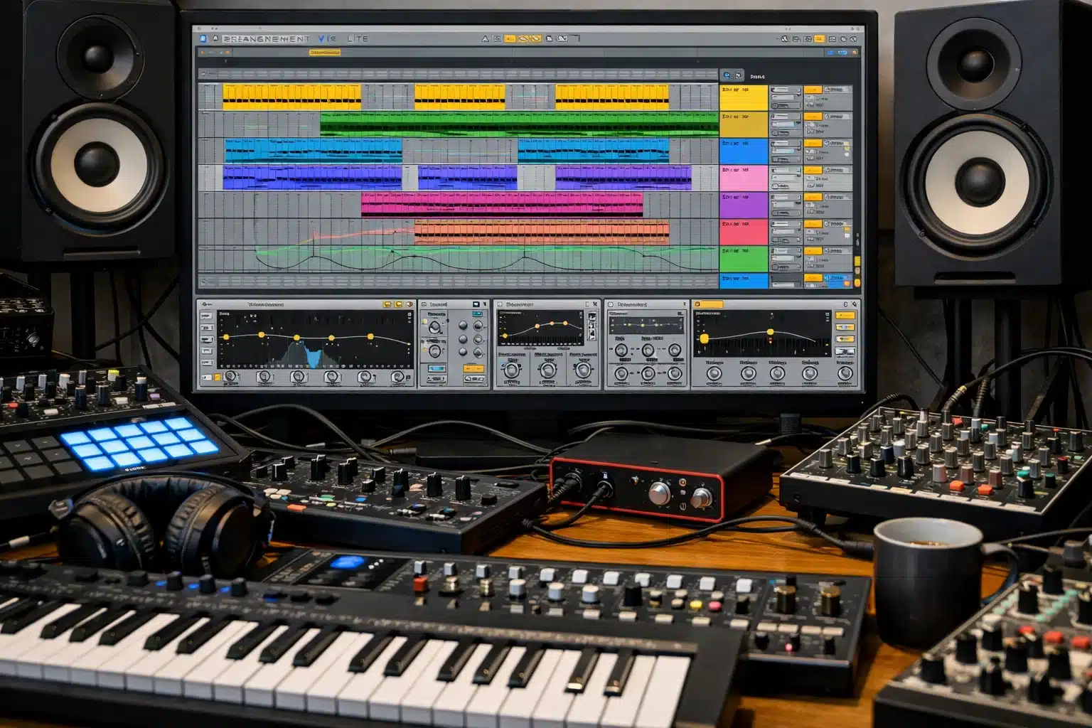 Escena de producción musical con Ableton Live Lite, instrumentos y efectos en un proyecto