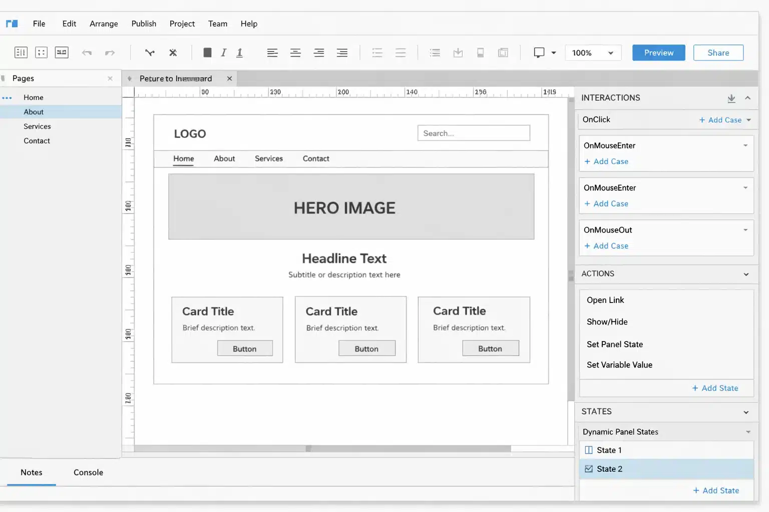 Interfaz de Axure RP 9 con wireframe y paneles de interacciones