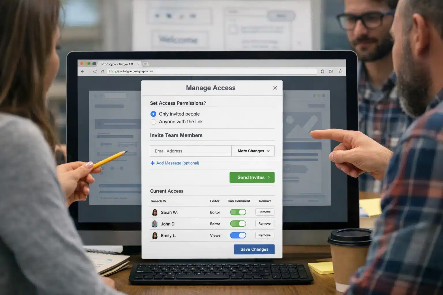 Escena de publicación y revisión de prototipo con controles de acceso para equipos