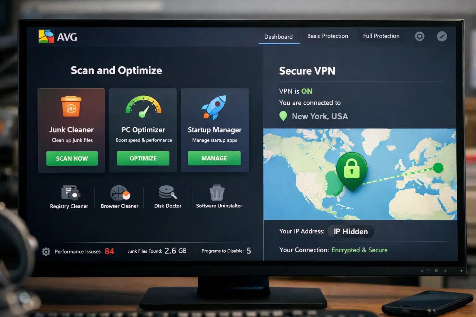 Pantalla de AVG con herramientas de limpieza, optimización y módulo VPN