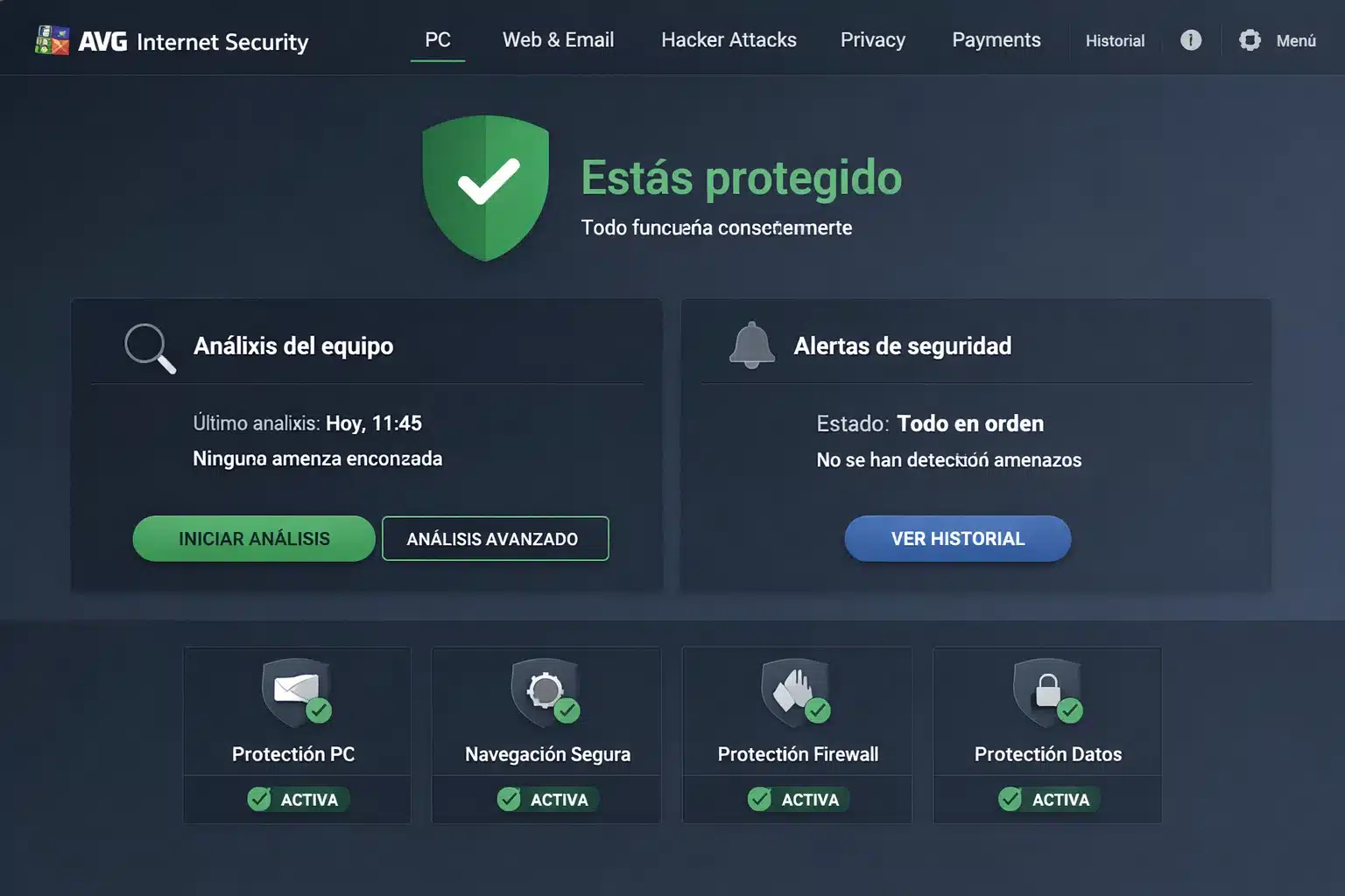 Panel de AVG Internet Security mostrando protección y estado del equipo