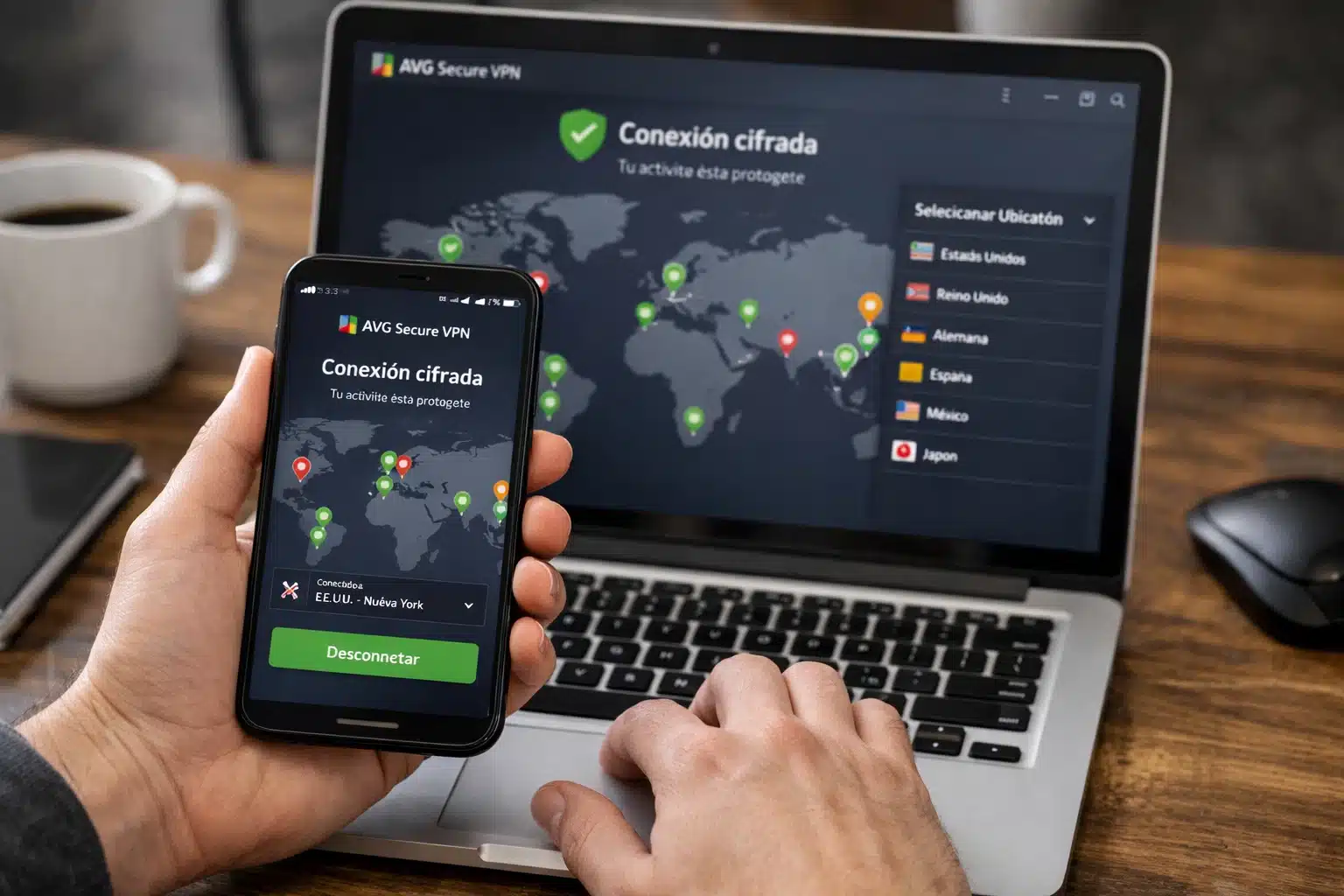 Uso de AVG Secure VPN en notebook y celular para navegar con más privacidad